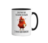 Taza divertida y novedosa, Here We Fu*king Go Again I Mean Good Morning, taza de pollo enojado, taza temática de granja, taza de café de pollo gruñón sarcástico para (Black)
