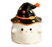 Taza fantasma de Halloween de 12 oz con tapa de asa y sombrero, linda taza de café de cerámica blanca para fiesta de Halloween, bebidas calientes de la oficina en casa y decoraciones navideñas d