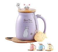 Taza Gato Linda Taza de café de cerámica con Tapa，Cuchara, Novedad Copa de la mañana Té Leche Navidad Jarra Regalo 380ML
