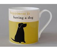 Taza grande de porcelana con texto en inglés "Happiness is Having a Dog, decorada en Stoke on Trent, Inglaterra con imagen de labrador negro, Porcelana de hueso., verde oliva