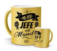 Taza Jefe | Taza de Cerámica Purpurina Oro con Frase Jefe y Dibujo | Mejor Jefe del Mundo | 350 ml Regalo Original Navidad para Jefa Especial, Taza de Café, Té e Infusiones