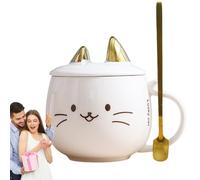 Taza Linda Del Gato - Taza De Café De Cerámica De 480 Ml Con Tapa, Cuchara De Acero Inoxidable | Tazas De Té Con Diseño De Gatito Para Hombres Y Mujeres | Vasos Divertidos Para Amantes De Los Gatos