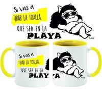 Taza Mafalda - “Si vas a tirar la toalla que sea en la playa” | Taza de cerámica divertida 350 ml con caja | Regalo original mujer y hombre, desayuno café o té