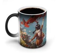 Taza mágica de cerámica de 350 ml que cambia de color y es sensible al calor, con diseño "Su mirada sobre el horizonte". Revela el patrón con una bebida caliente. Ideal como regalo para amantes del c