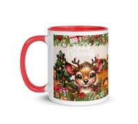 Taza Navideña de Cerámica con Diseño de Reno | Ilustración Merry Christmas | Interior y Asa en Color Rojo | Regalo Original de Navidad | Apta para Microondas y Lavavajillas