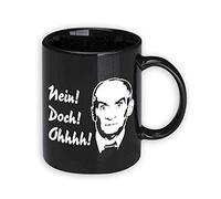 Taza, diseño de Louis de Funes con texto "Nein! Doch! Ohhh!", color blanco y negro