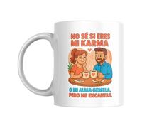 Taza “No sé si eres mi karma o mi alma gemela, pero me encantas” - Taza romántica y divertida - Regalo original para pareja o crush - Cerámica 330ml apta microondas