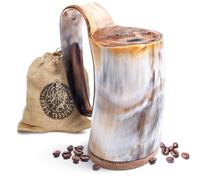 Taza nrdica de caf de Horn Coffee - Cordo de buey artesanal de 12 oz con base de madera dura - Doble sellado para lquidos calientes - Caf de