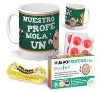 Taza Nuestro Profe Mola un Huevo | Regalo Original y Gracioso para Profesores y Profesoras | Con Pulsera Sorpresa y Caja de Caramelos de Broma | Ideal para Fin de Curso, Navidad o Cumpleaños