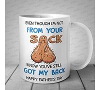 Taza para el día del padre con texto en inglés "Even Though I'm Not from Your Sack"