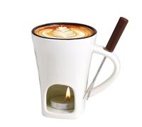 Taza para fondue de chocolate: calentador de tazas de cerámica blanca, tazón para derretir postres, juego de inmersión para golosinas, olla calentada con velas con diseño de tenedor de dos puntas | Ta