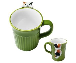 Taza para gatos, dulces cosas de cerámica, diseño de gato, taza de té, taza dulce, taza con gato mirando 3D, regalos para mujeres, hombres, regalo de fiesta, amantes de los gatos, 350 ml (verde)