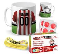 Taza Personalizada con Nombre Camiseta Athletic Fútbol | Pack con Taza, Pulsera Coleccionable y Caramelos Divertidos | Regalo Original para Leones | Perfecto para Navidad o Cumpleaños