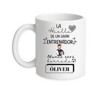 Taza Personalizada con Nombre Entrenador/a Futbol, Blanca, cerámica regalos originales regalo personalizado, 325 ml, Impresión directa sobre la taza, Apta para Lavavajillas. Diseño Huella Fútbol
