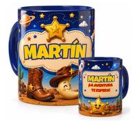 Taza personalizada con nombre y dedicatoria Regalo original para niños y niñas Diseño de aventuras espaciales y del Oeste Cerámica premium 350 ml Apta para lavavajillas