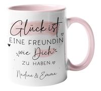 Taza personalizada "Glück ist eine FREUNDIN wie dich zu haben" - mit Wunschnamen oder Wunschtext. Geschenk für Geburtstag, Weihnachten,Ostern (Freundin - innen & Henkel - Rosa)