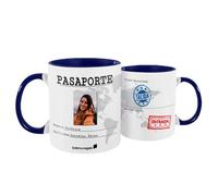 Taza Personalizada Pasaporte de Viaje | Diseño con Foto, Nombre y Apellidos + Origen y Destino | Regalo Original para Viajeros y Aventureros - 330 ml, Asa e Interior Azul