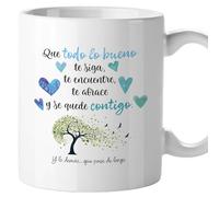 Taza Que todo lo bueno te siga te encuentre te abrace, Tazas originales, Detalles para compañeras de trabajo, Amigo invisible, Regalo para mujer, Cerámica 330 mL (Tonos fríos)