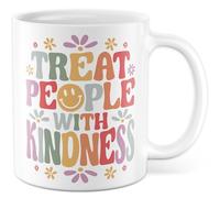 Taza retro con texto en alemán "Geschenk Treat People with Kindness" - Taza de café de cerámica de 330 ml - Hippie Smiley Trippy Good Vibes Vintage Design Mug Taza de café