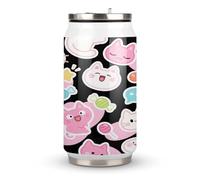 Taza térmica de acero inoxidable con diseño de emoticonos de gato de dibujos animados con tapa y popote, apto para uso en el coche, viajes, fitness, actividades al aire libre, cafeterías, oficinas