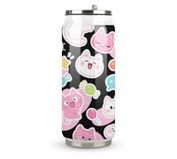 Taza térmica de acero inoxidable con diseño de emoticonos de gato de dibujos animados con tapa y popote, apto para uso en el coche, viajes, fitness, actividades al aire libre, cafeterías, oficinas