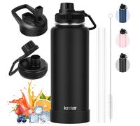Taza térmica de café para Go 40 oz, botella de acero inoxidable de 1 L, botella deportiva con pajita, 2 tapas, botella de agua a prueba de fugas, sin BPA, termo, color negro