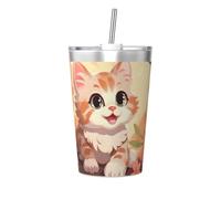 Taza térmica de paja cónica con diseño de gato de dibujos animados, taza de paja aislada, perfecta para uso en el gimnasio o para llevar contigo