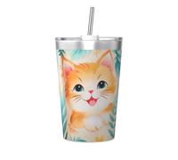 Taza térmica de paja cónica con estampado de gato de dibujos animados, taza de paja aislada, perfecta para uso en el gimnasio o para llevar contigo