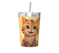 Taza térmica de paja cónica con estampado de gato de dibujos animados, taza de paja aislada, perfecta para uso en el gimnasio o para llevar contigo