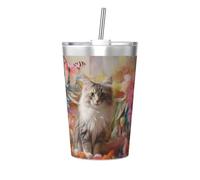 Taza térmica de paja cónica con estampado de gato gris sentado, taza de paja aislada, perfecta para uso en el gimnasio o para llevar contigo