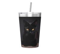 Taza térmica de paja cónica con estampado de gato negro, taza de paja aislada, perfecta para uso en el gimnasio o para llevar contigo