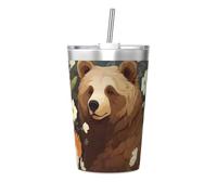 Taza térmica de paja cónica con estampado de oso con aroma a flores, taza de paja aislada, perfecta para uso en el gimnasio o para llevar contigo