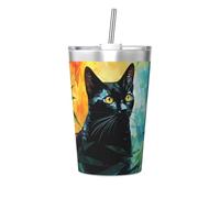 Taza térmica de paja cónica con estampado geométrico de gato negro, taza de paja aislada, perfecta para uso en el gimnasio o para llevar contigo