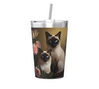 Taza térmica de paja cónica con patrón de gato siamés, taza de paja aislada, perfecta para uso en el gimnasio o para llevar contigo