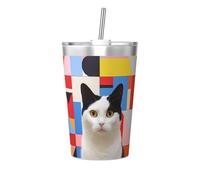 Taza térmica de paja cónica impresa con diseño de gato blanco con orejas negras, taza de paja aislada, perfecta para uso en el gimnasio o para llevar contigo