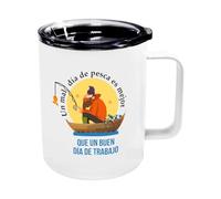 Taza termica de pesca con tapa y Estampado proverbio en español, 400ml, Regalo para pescadores, un mal día de pesca es mejor que un buen día de trabajo