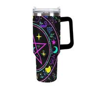 Taza térmica moderna de acero inoxidable con pajita, diseño mágico, brillante, alquímico, cósmico, gótico, psicodélico, morado, sol, luna, arte, brujería, para viaje, para coche, para mujeres y hombre