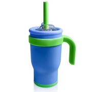 Taza térmica para niños con pajita: vaso de 420 ml con tapa, vaso con asa para niños, taza de coche, taza térmica, taza de café para bebidas calientes y frías (azul oscuro)