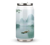 Taza termo de acero inoxidable con tapa y pajilla impresa The Misty Rain of The Li River in Guilin, apta para uso en el coche, viajes, fitness, actividades al aire libre, cafeterías, oficinas, uso