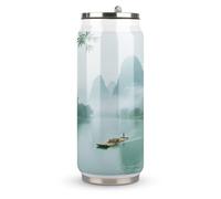 Taza termo de acero inoxidable con tapa y pajilla impresa The Misty Rain of The Li River in Guilin, apta para uso en el coche, viajes, fitness, actividades al aire libre, cafeterías, oficinas, uso