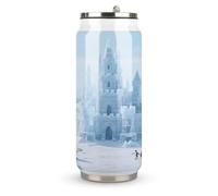 Taza termo de acero inoxidable con tapa y popote, de 18 onzas, diseño de castillo de hielo y nieve, ideal para uso en el coche, viajes, fitness, actividades al aire libre, cafeterías, oficinas, uso