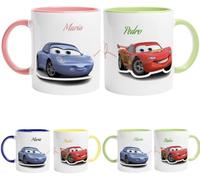 TAZALAND | Pack 2 tazas PERSONALIZADAS | PERSONAJE Y NOMBRE | 350 ml | Apta para Microondas | Personalizada a Todo Color | ELIGE ENTRE MAS DE 10 PERSONAJES | Para parejas (CARS)