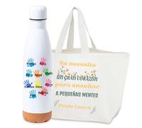 TAZALAND | Regalo Personalizado para Profesoras | Pack Bolso Tote y Botella 750ml | Nombres de Alumnos y Mensaje | Detalle Fin de Curso | Obsequio Original Maestra Infantil o Primaria (GRAN CORAZÓN)