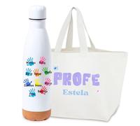 TAZALAND | Regalo Personalizado para Profesoras | Pack Bolso Tote y Botella 750ml | Nombres de Alumnos y Mensaje | Detalle Fin de Curso | Obsequio Original Maestra Infantil o Primaria (PROFE)