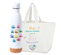 TAZALAND | Regalo Personalizado para Profesoras | Pack Bolso Tote y Botella 750ml | Nombres de Alumnos y Mensaje | Detalle Fin de Curso | Obsequio Original Maestra Infantil o Primaria (HAY UN MONTÓN)