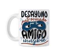 TAZAS AMIGO INVISIBLE (Desayuno patrocinado por tu AMIGO INVISIBLE - REGALO AMIGO INVISIBLE - Taza original para regalar en Navidad con frase y dibujo, ideal desayuno. Cerámica blanca)