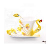 Tazas de Café Cerámica Creativo 3D Hechos a mano de esmalte porcelana del pavo real taza Café con plato y cuchara cerámica Presente té agua regalo(175ml,Yellow)