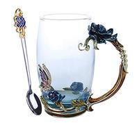 Tazas de Café Cerámica Taza de té café del esmalte 3D Rose Butterfly Copas cristal regalo boda(Blue Long With spoon)