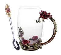 Tazas de Café Cerámica Taza de té café del esmalte 3D Rose Butterfly Copas cristal regalo boda(Red Long With spoon)