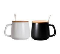 Tazas de café de cerámica con asa, taza de té de porcelana, tapa de madera y cuchara, taza de cerámica mate para el hogar, oficina, 12 onzas (matte black+white, 1pcs)